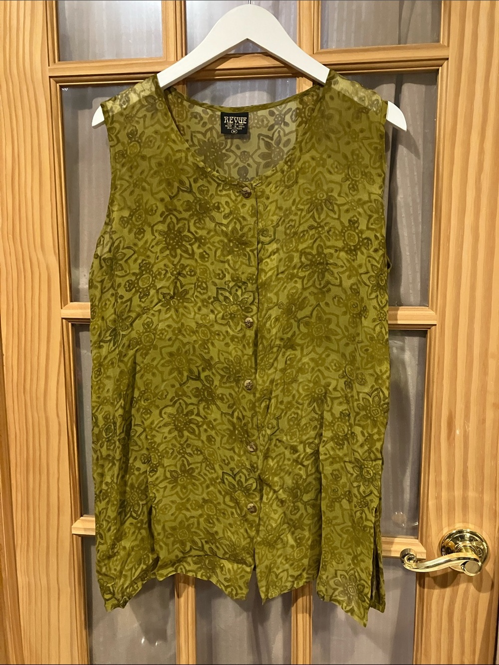ReVive Olive Green Floral-Print Sleeveless Button Camisole